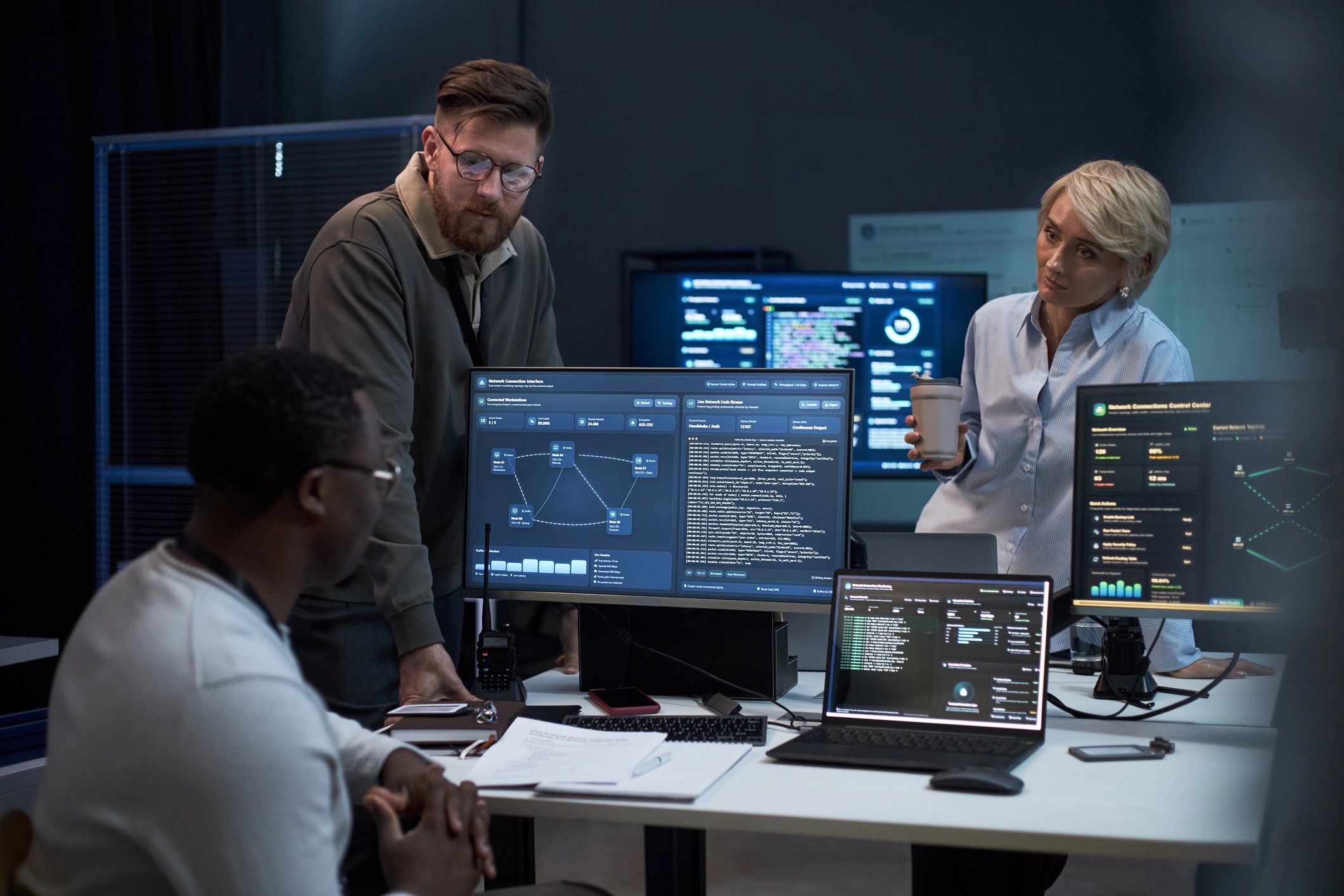 Operations team analyzing data across multiple screens